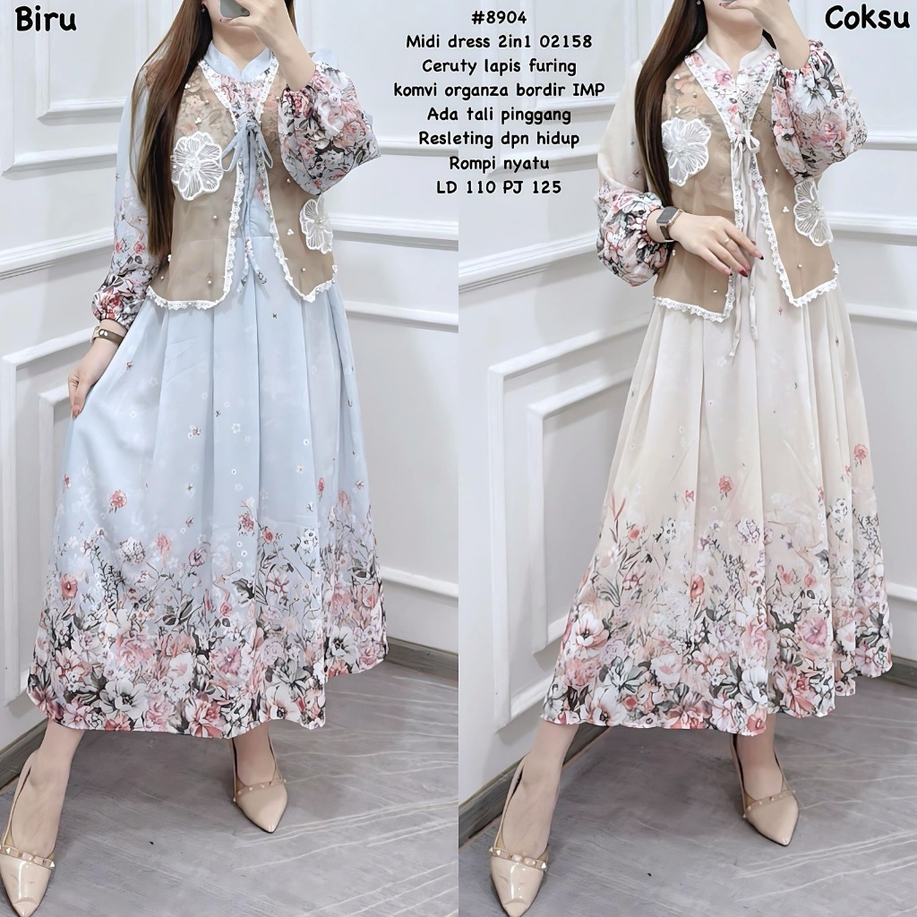 Midi Dress motif bunga Fashion pakaian muslim COD #V8904