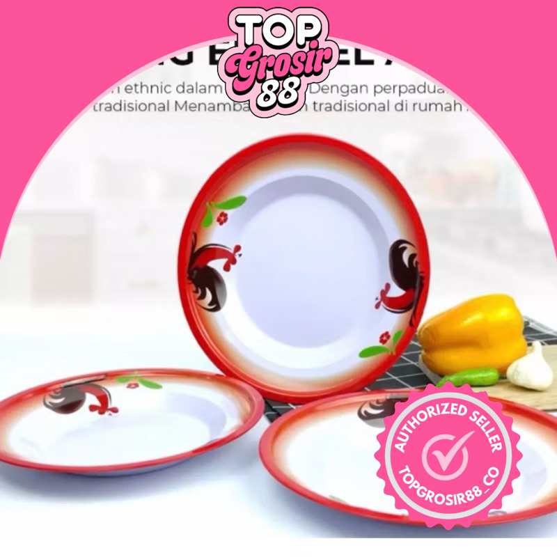 (6 Pcs) Piring Seng Ayam Jago | Piring Jadul Motif | Enamel