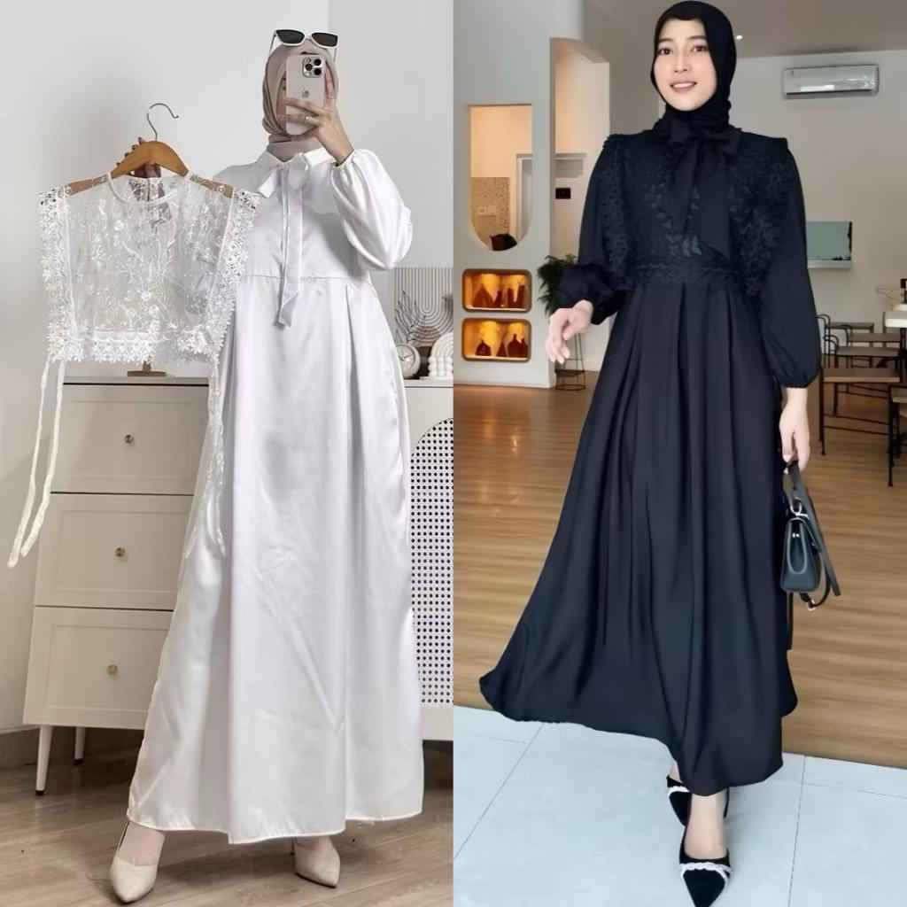 Gamis Syakila Model Rompi Tille Bordir - Dress Lebaran dan Pesta Korean Style - White Dress