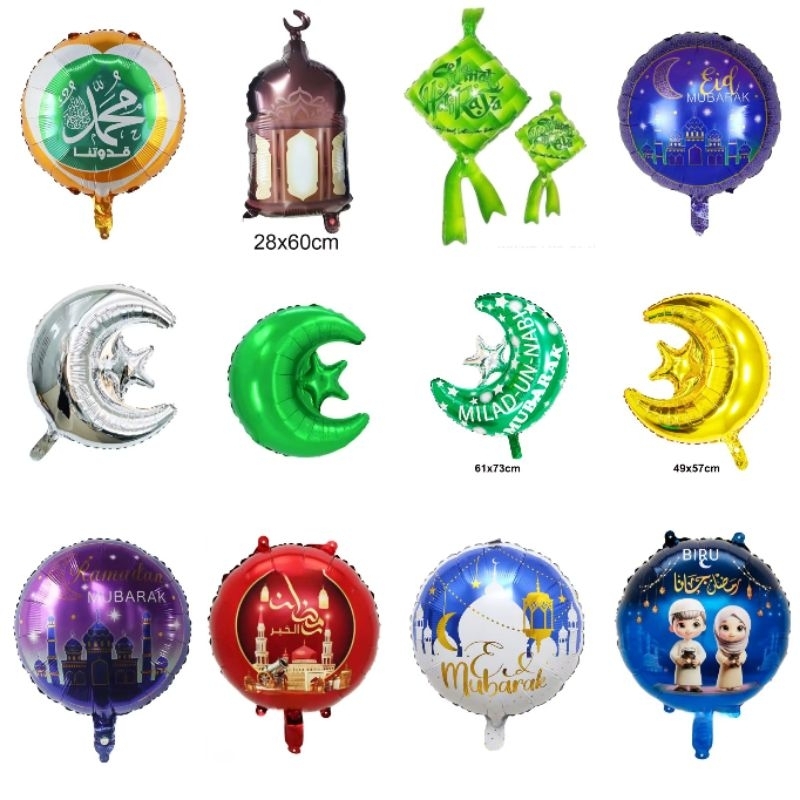 Balon Foil Idul Fitri Lebaran Ramadhan Bulan Bintang Star Moon Ketupat Lentera Kubah Masjid