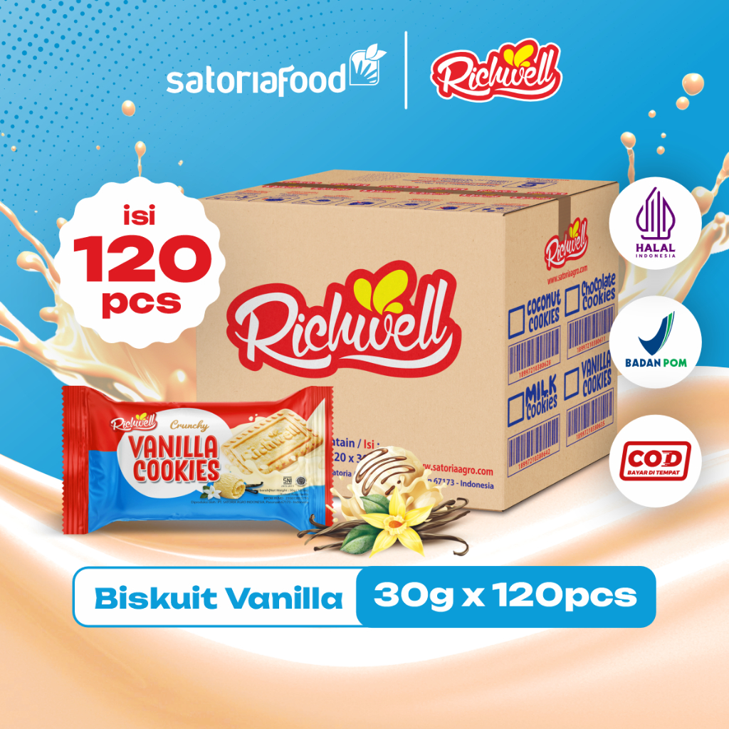 

Snack Richwell Vanilla Cookies 30g | [ 1 Dus ] Cemilan Biskuit Kukis Rasa Vanilla isi 120 pcs