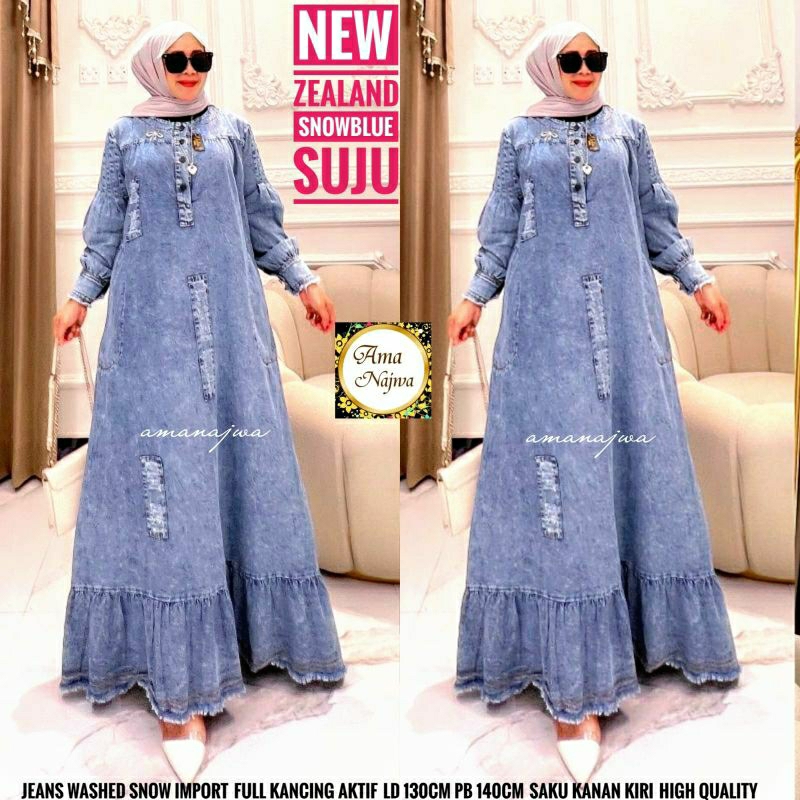 Suju Zealand Ld 130 Dress muslim Gamis jeans JUMBO Maxy umbrella lebar & Longgar / Amj