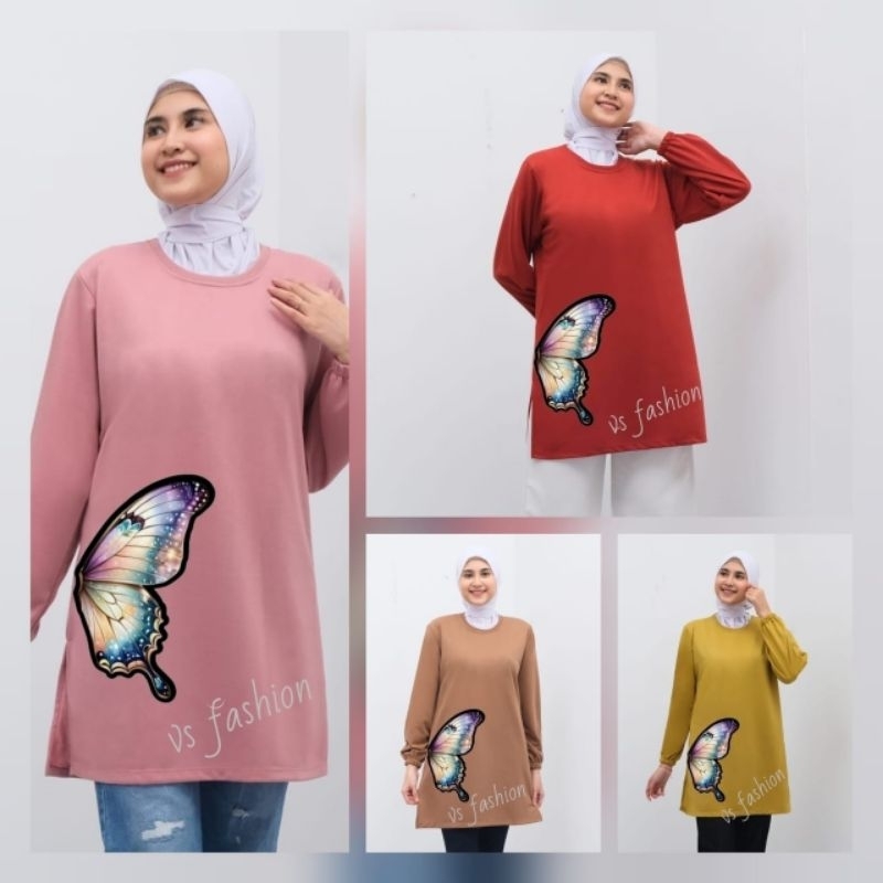 kaos tunik wanita dewasa lengan karet kaos tunik wanita motif kupu-kupu samping kaos tunik cantik