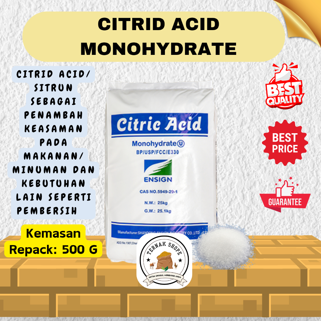 

CITRID ACID MONOHYDRATE ( Repack: 500 gram) / Sitrun / Food Grade / Bahan Penambah Rasa Asam pada Makanan Minuman / Pembersih Noda Peralatan Membandel