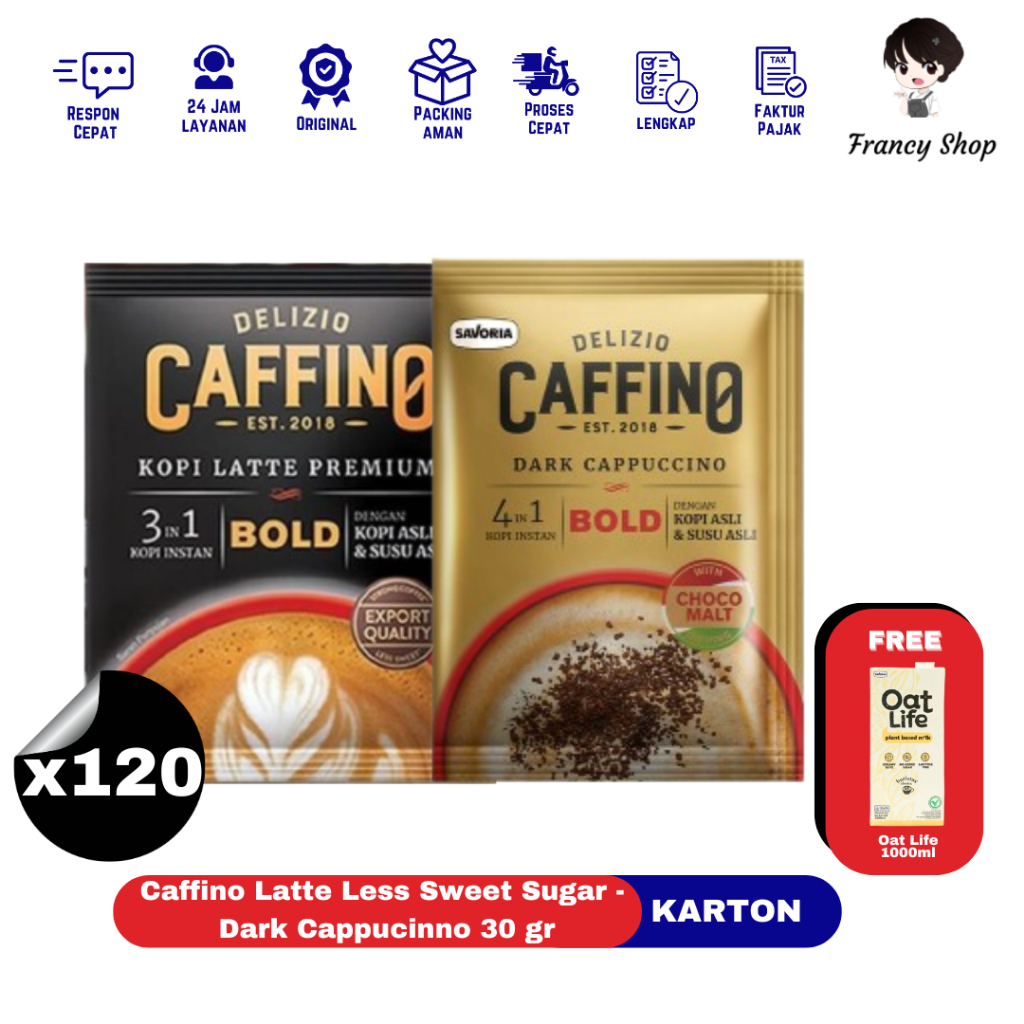 

Paket Murah Caffino Bold Kopi Latte Less Sugar Sweet / Dark Cappucino Kopi Instan Renceng 30 gr x120 Pcs + FREE SUSU OAT LIFE 1L