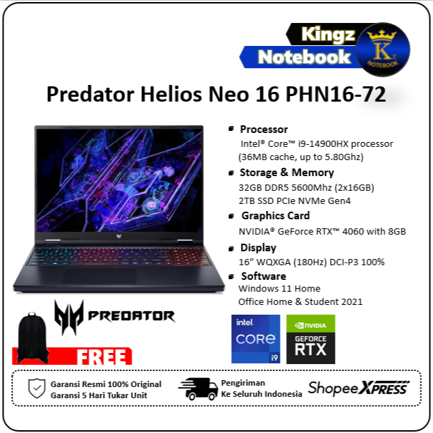 Acer Predator Helios Neo 16 PHN16-72 RTX4060 Core i9 14900HX 32GB 2TB SSD Win11+OHS 16" WQXGA 180Hz