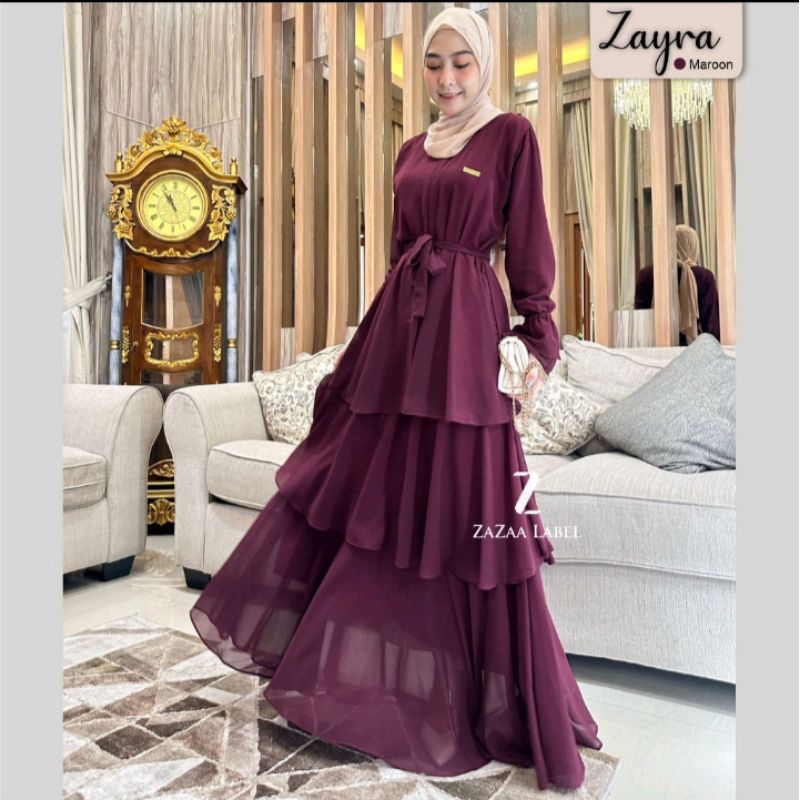 PRELOVED GAMIS Zazaa Label BELUM PERNAH DIPAKAI DRESS CERUTY 3 SUSUN 3 TINGKAT WARNA MAROON • Gamis 