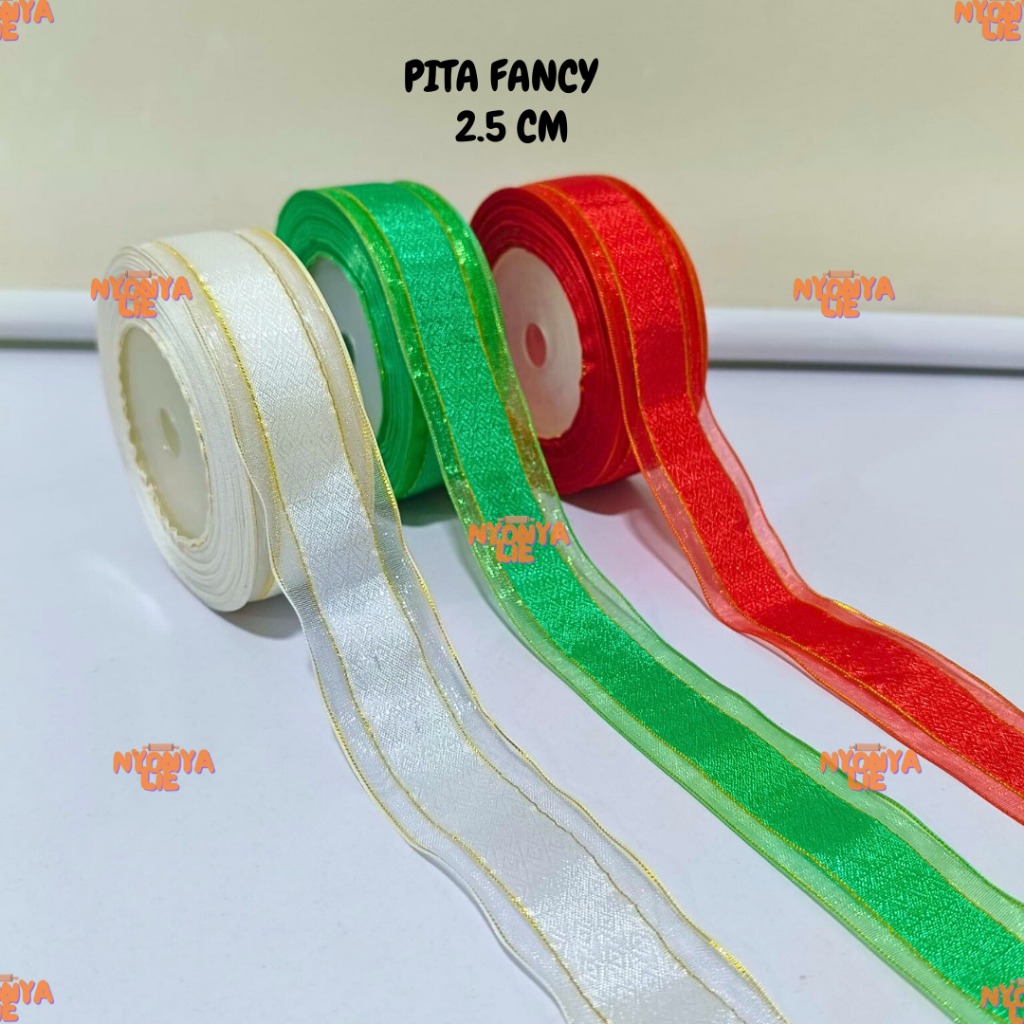 

POR253 Per Rol 25 mm FANCY Pita Organdi List Emas Motif Hias Bingkisan Kado Ribbon Organza