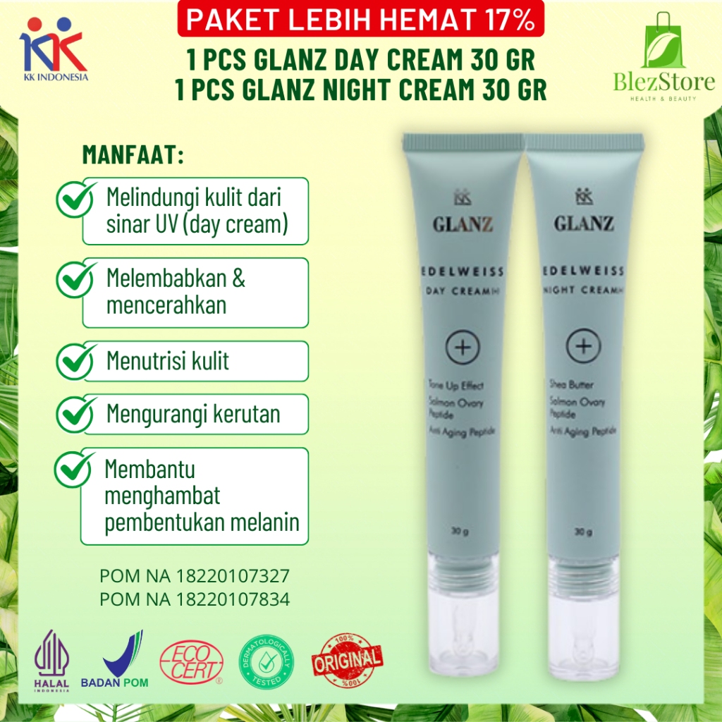 Paket Hemat Skincare - 1pc GLANZ+ Edelweiss Day Cream 30gr, 1pc GLANZ Edelweiss Night Cream KK Indon