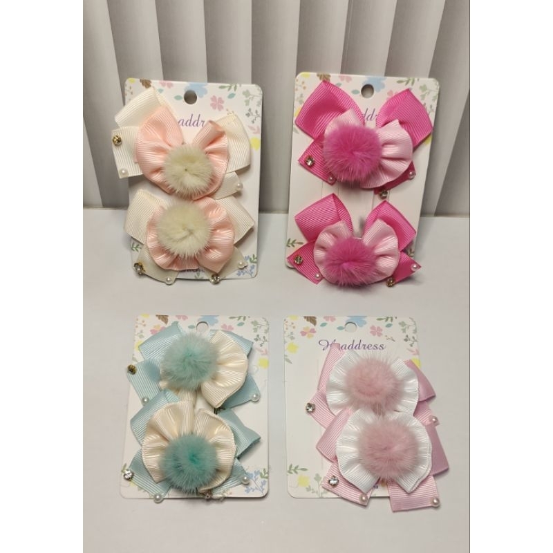 Jepit rambut anak  Jepit Korea pom pom Jepit bulu pink biru peach