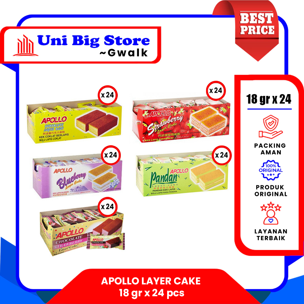 

APOLLO LAYER CAKE CHOCOLATE - PANDAN - BLUEBERRY - SRAWBERRY - 18 gr x 24 pcs