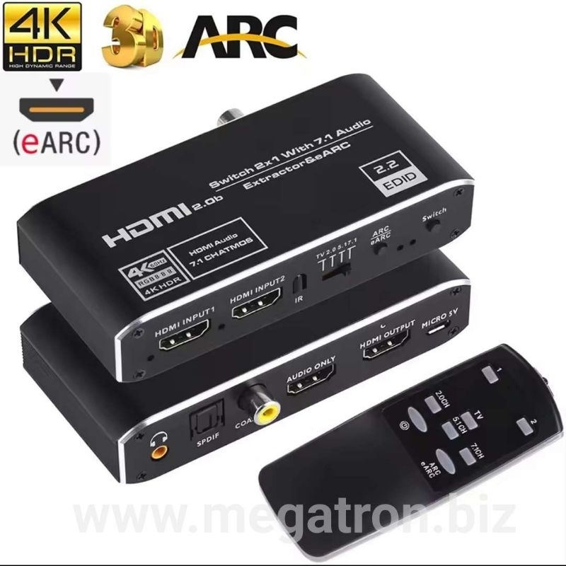 4K 60hz HDMI Switcher 2x1 (2 input) - support eARC/ARC Audio Extractor
