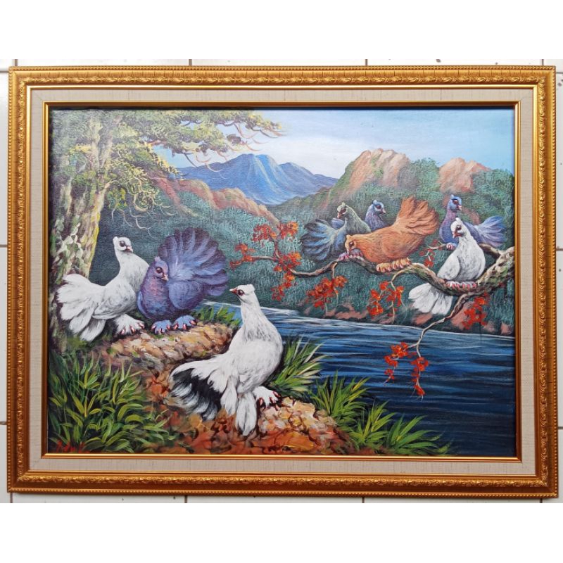 Lukisan Burung Merpati 5Ekor + Bingkai Pigura Ukuran 80cm x 60cm