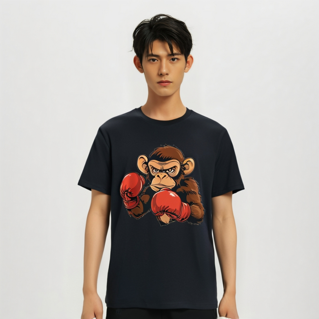 kaoswarna 丨Baju Kaos Pendek Hitam dengan Gambar Monyet Bertarung Bola Tinju
