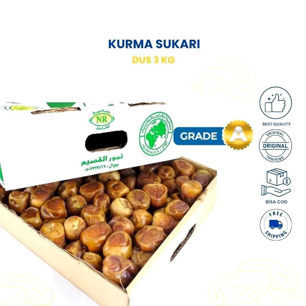 

Kurma Sukari Basah Dus 3 Kg Grade A Premium / Kurma Raja Sukkari / Kurma Sukari 3kg