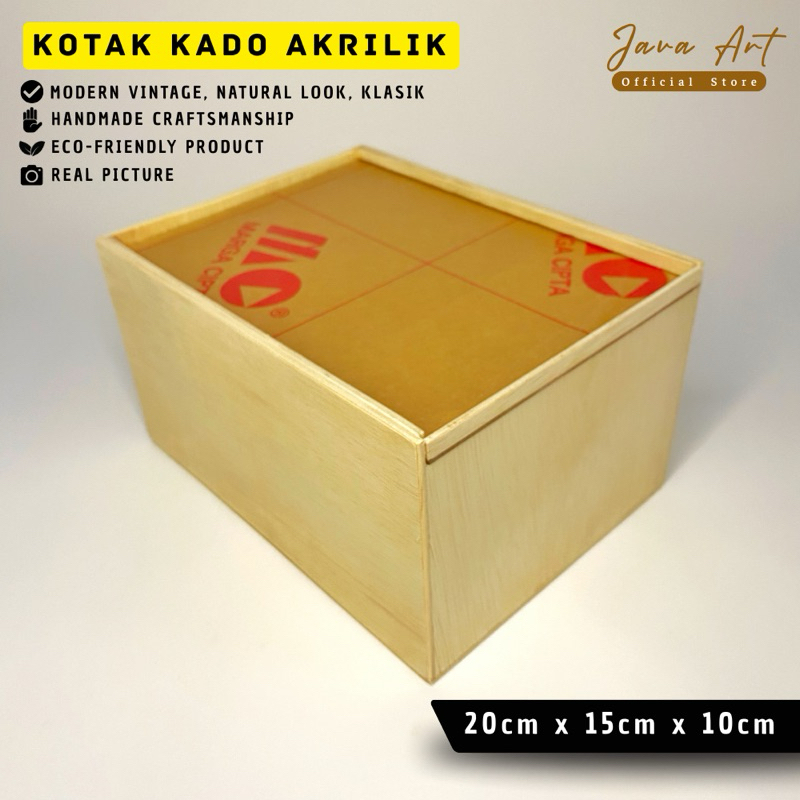 

WOOD BOX KOTAK KAYU SOUVERNIR, KADO MODEL ACRYLIC TUTUP BENING UKURAN 20cm × 15cm × 10cm