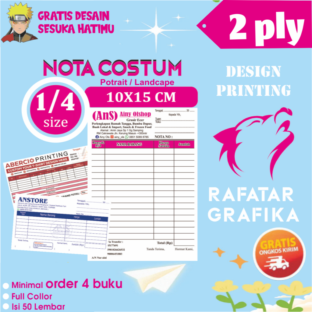

cetak nota custom ukuran 1/4 folio nama toko usaha sendiri nota 2 Ply Rafatar GRAFIKA