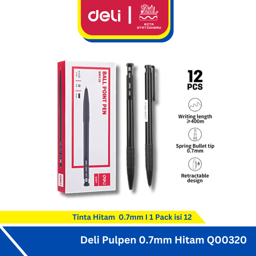 

Deli Pulpen ceklek Bolpon Selusin Hitam 0.7mm - 1 Pack isi 12 Murah