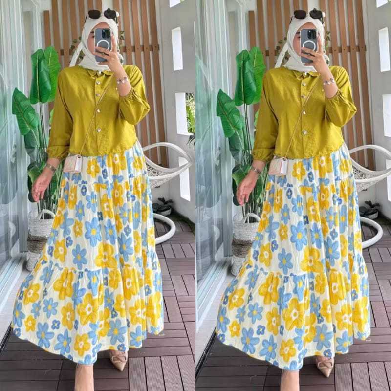 One Set Rok Rayon Mix Crinkle Setelan Wanita Atasan Crinkle Rok Rayon Kombinasi