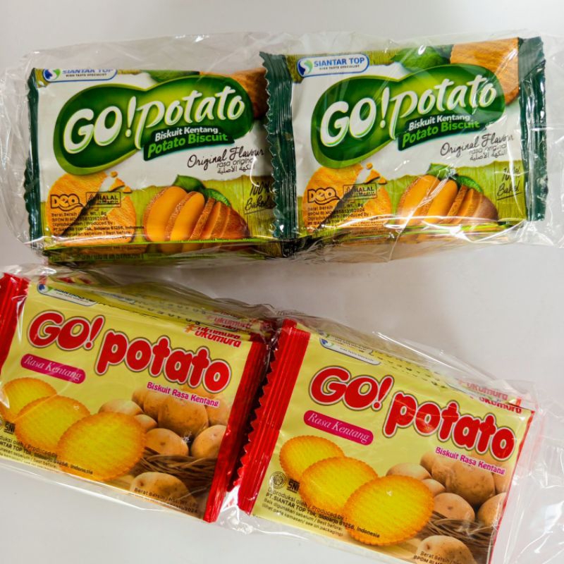 

Biskuit Kentang Gopotato kemasan 1 pack isi 20 bungkus eceran 500 dengan 2 varian rasa original dan kentang.