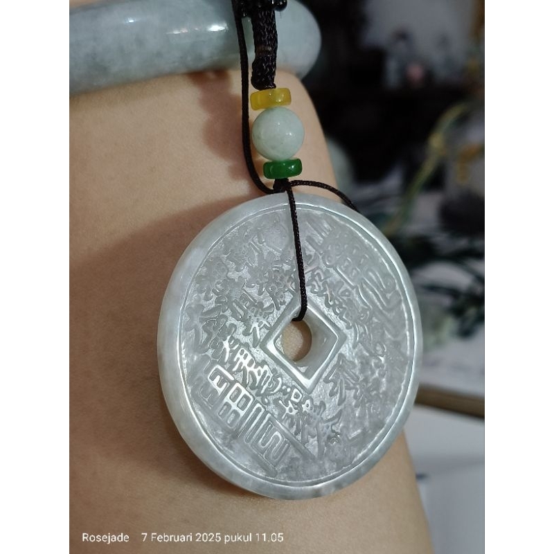Kalung Giok Burma Koin ukir Jimat pelindung bersertifikat