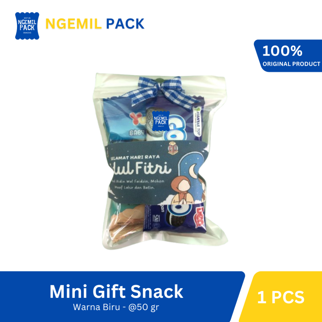

E05 - Mini Gift Snack / Mini Hampers Snack Tema IDUL FITRI BIRU Sudah Termasuk Pita & Stiker @50Gr
