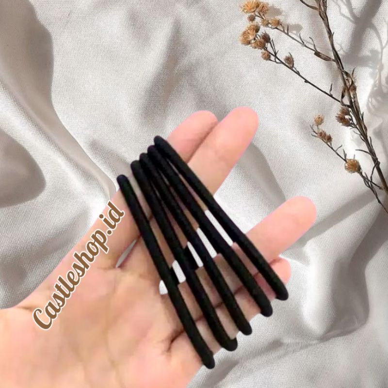 5pcs Karet Gelang Korea Ikat Rambut Elastis Warna Hitam Polos Gaya Korea Kunciran Hitam Polos