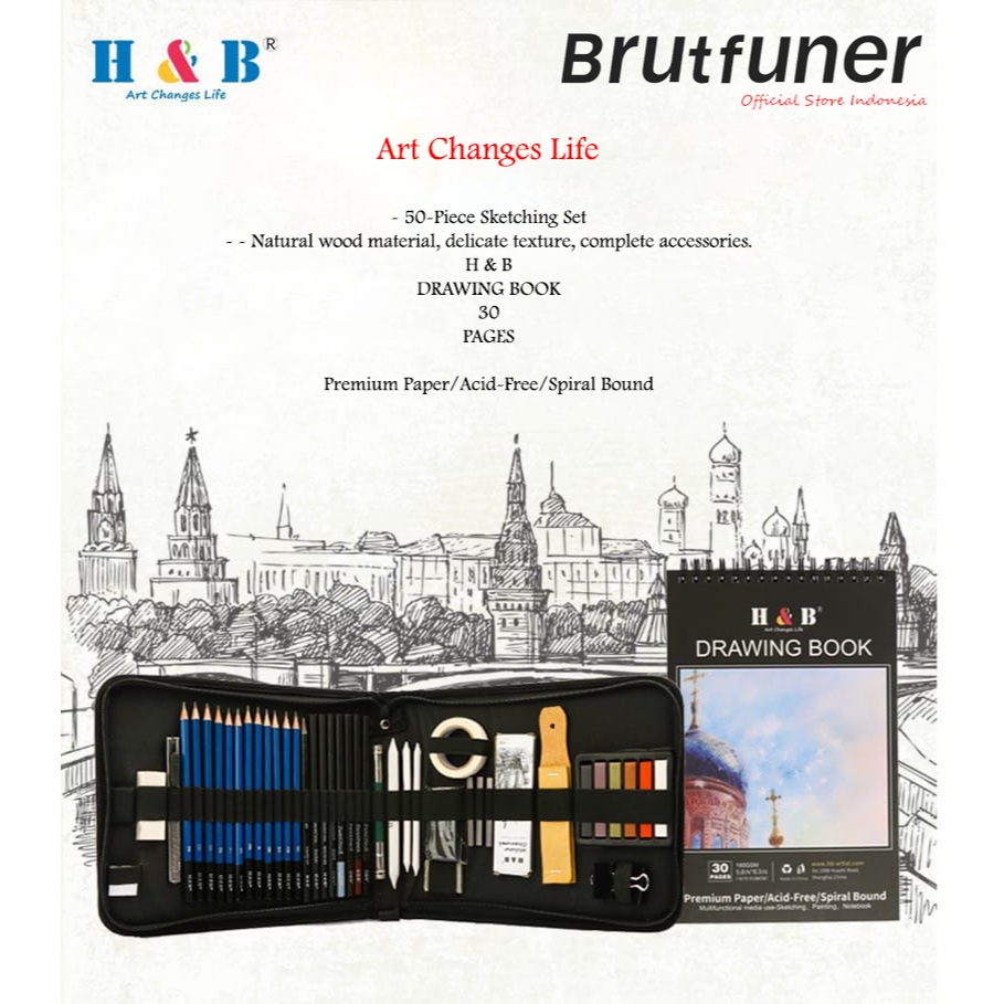 

Brutfuner X H & B Pensil Lukis Sketa 35 & 50 Set Sketsa Profesional Crossborder