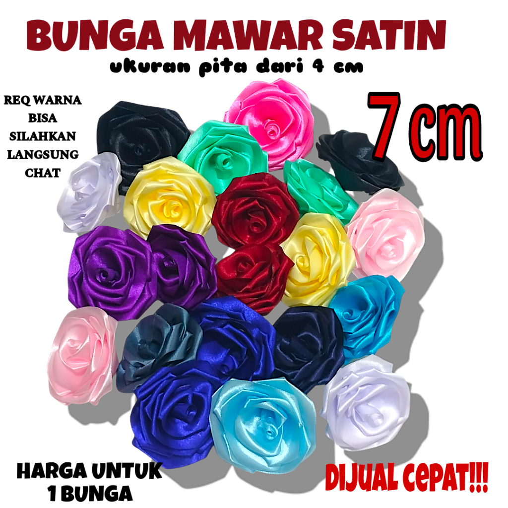 

(7 cm) BUNGA MAWAR PITA SATIN GLITTER & NO GLITTER / BUNGA SATIN / BUNGA BUCKET #4cm #2,5cm /PITA SATIN MAROON 4CM