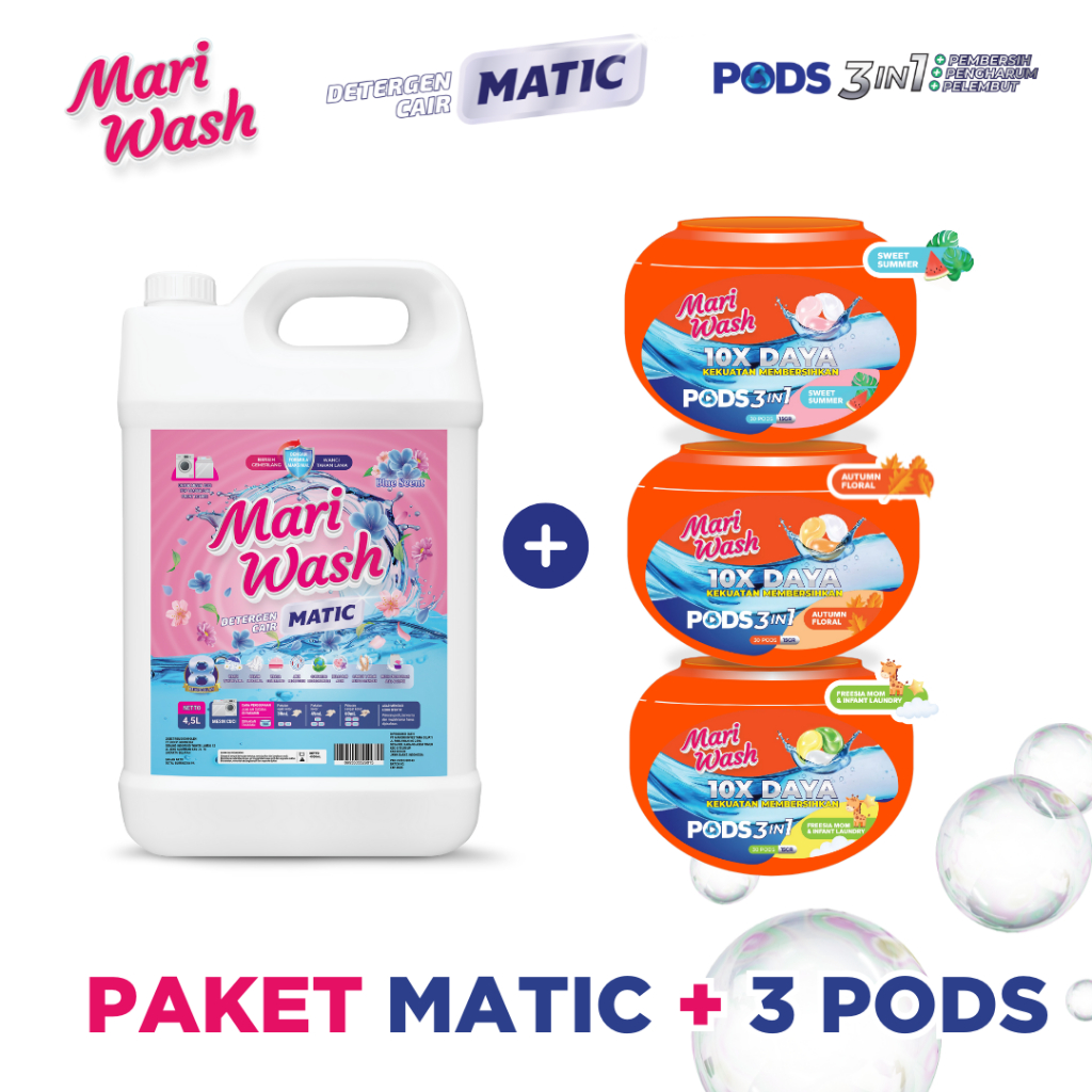 MARI WASH Paket Matic + Pods - Isi 1 Matic 4,5L + 3 Pods (Autumn + Sweet + Freesia)