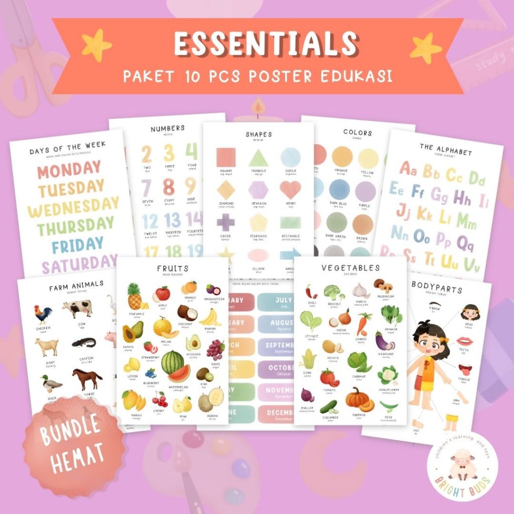 [PAKET 10PCS]  POSTER EDUKASI ANAK A3 / A4 | Poster Belajar Balita | Montessori Wall Art | Alphabet 