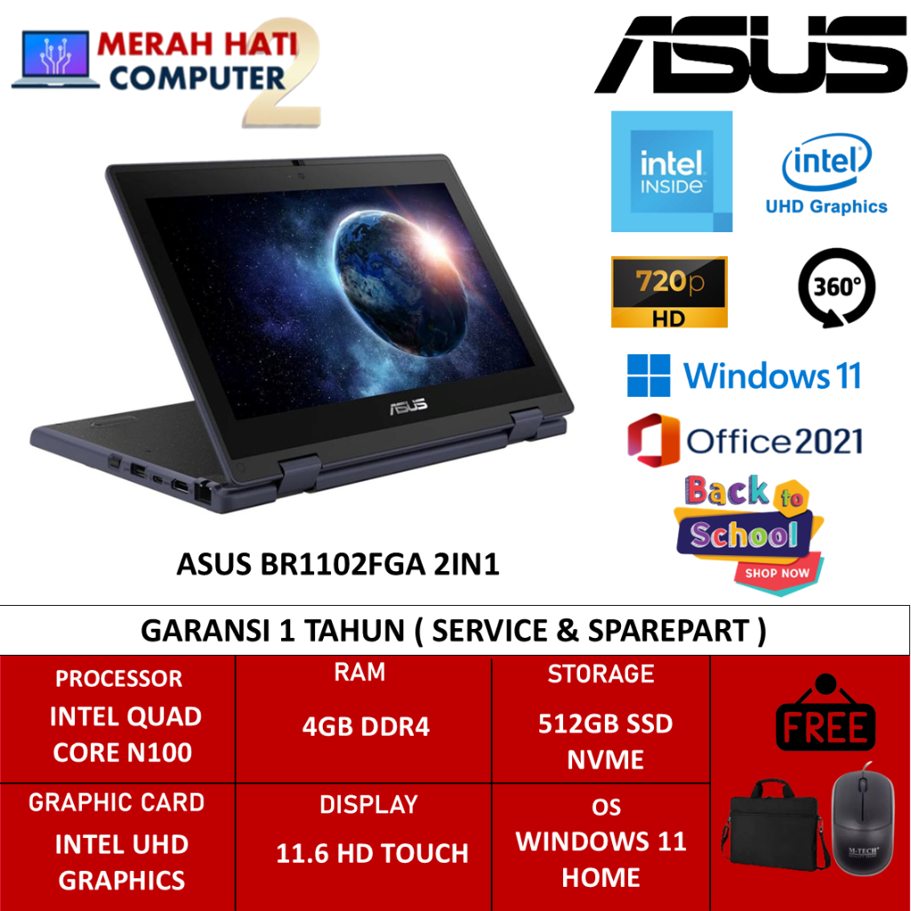 Laptop 2in1 Flip Asus BR1102FGA Intel N100 4GB 512GB Ssd 11inch Touchscreen HD Windows 11 Pro