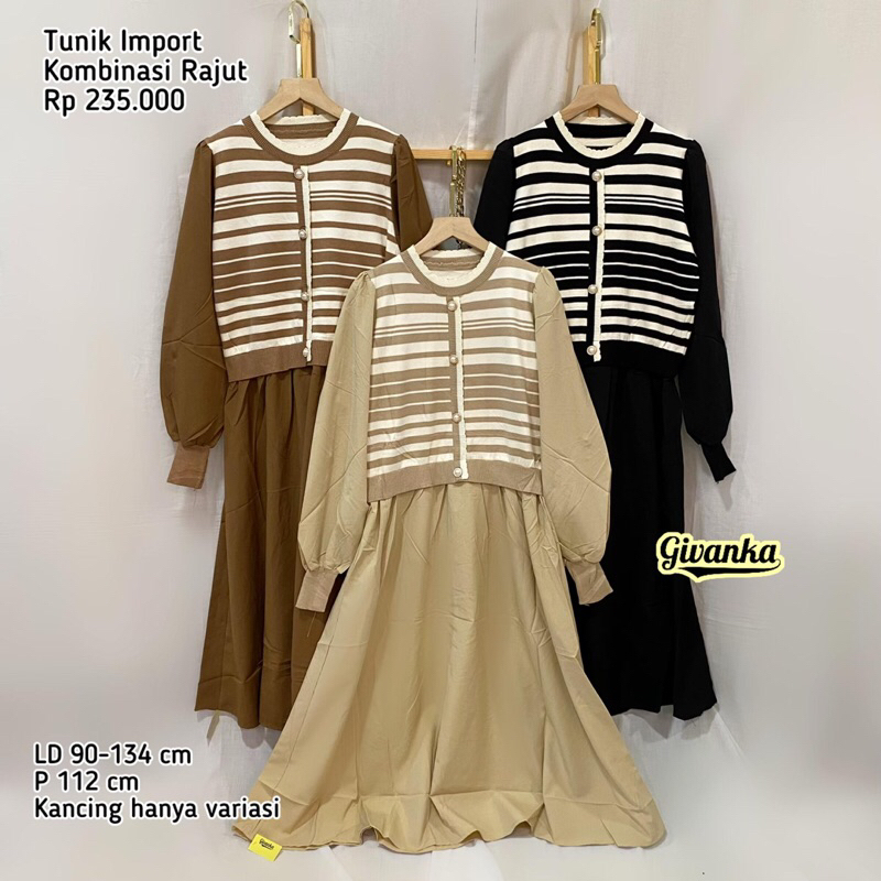 TUNIK IMPORT KOMBINASI RAJUT // TUNIK LEBARAN WANITA // TUNIK MOTIF GARIS-GARIS // TUNIK BAHAN RAJUT