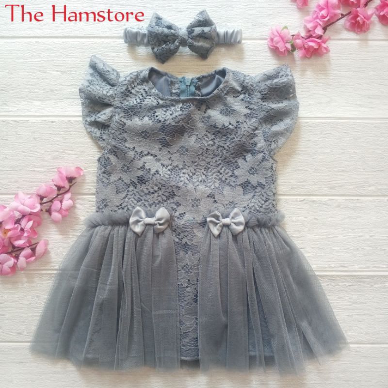 Dress Gaun Pesta Kondangan Anak Bayi 1 Tahun Brukat Tile Free Bando Pita Abu Silver Jahitan Tailor