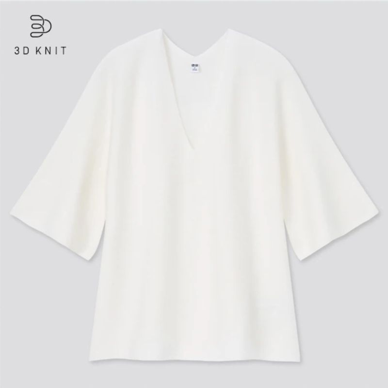 3D KNIT Cotton Flare Half-Sleeve sweater uniqlo off white size M