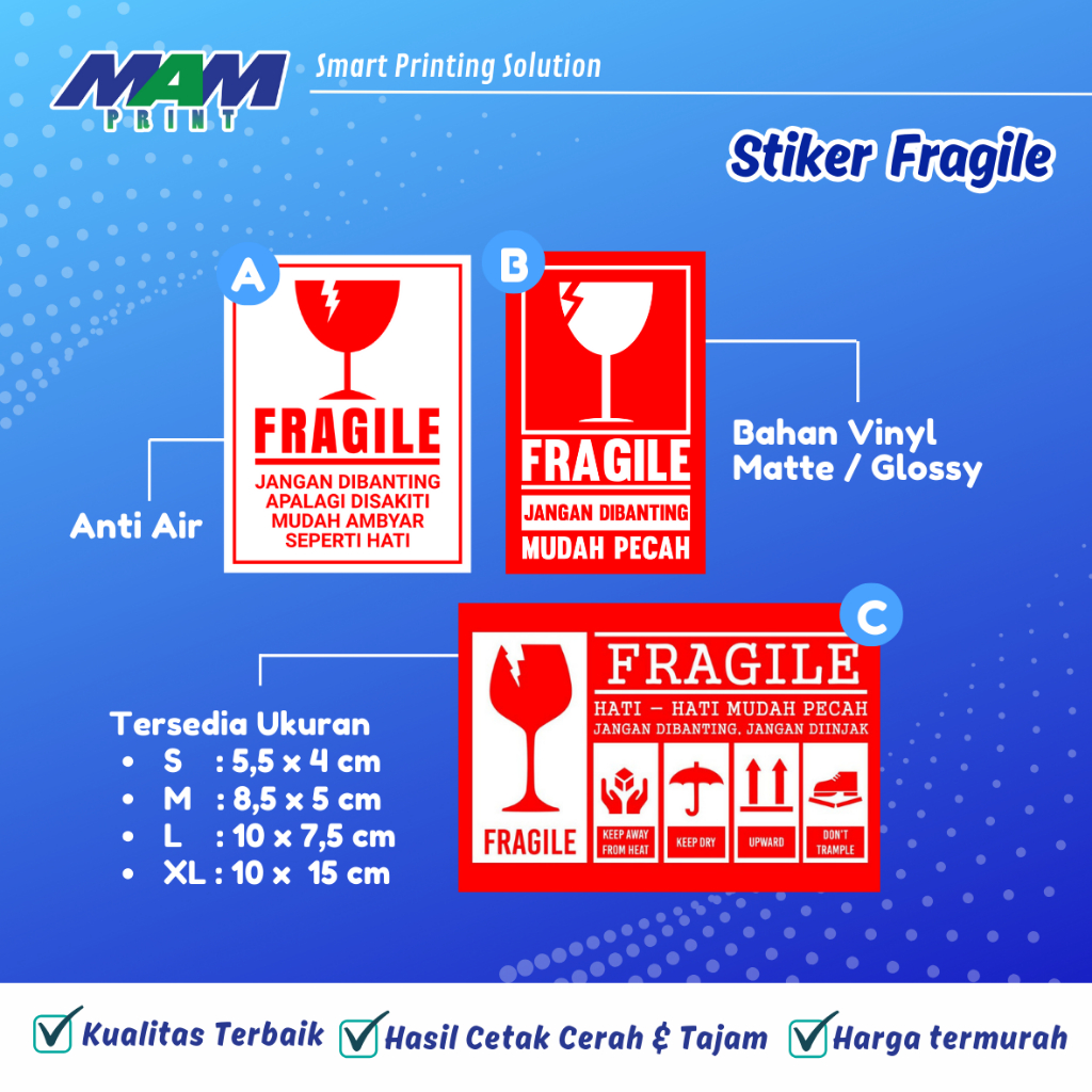 

CETAK STIKER VINYL FRAGILE / LABEL BENTUK KOTAK / LABEL PAKET / LABEL GELAS / PRODUK KEMASAN/ STIKER VINYL GLOSSY