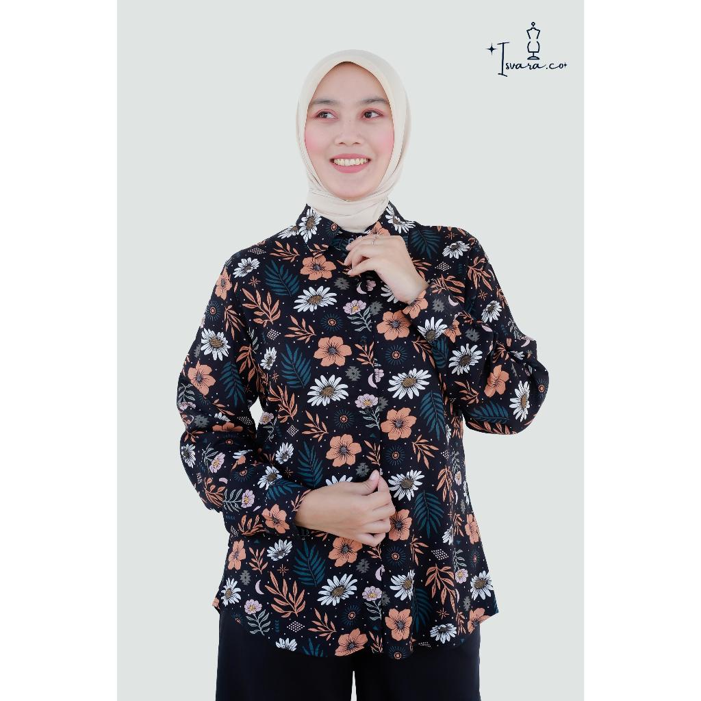 Isvara Setelan Bunga Lengan Panjang Motif Bunga Atasan Kemeja Rayon Premium