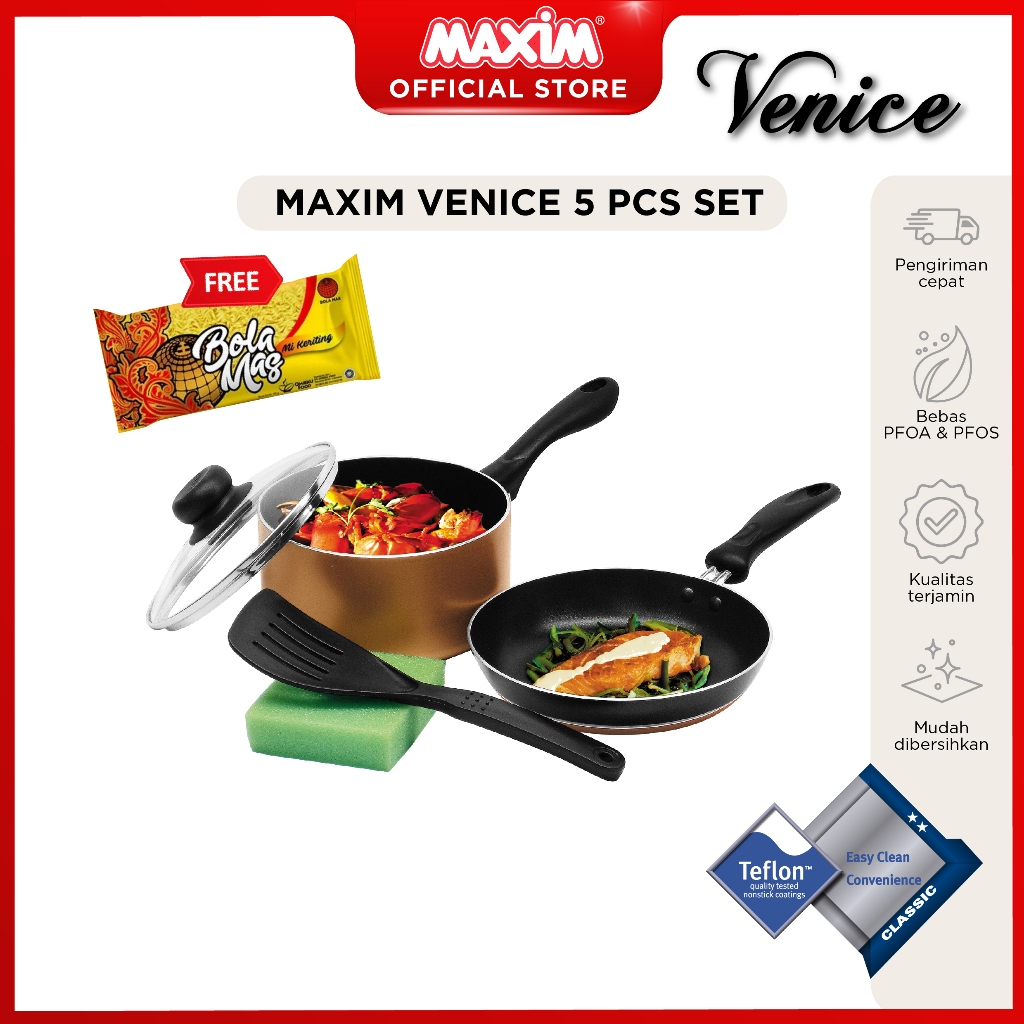 Maxim Venice 5pcs Set Wajan Panci Teflon Anti Lengket + Spatula + Sponge + Tutup Kaca