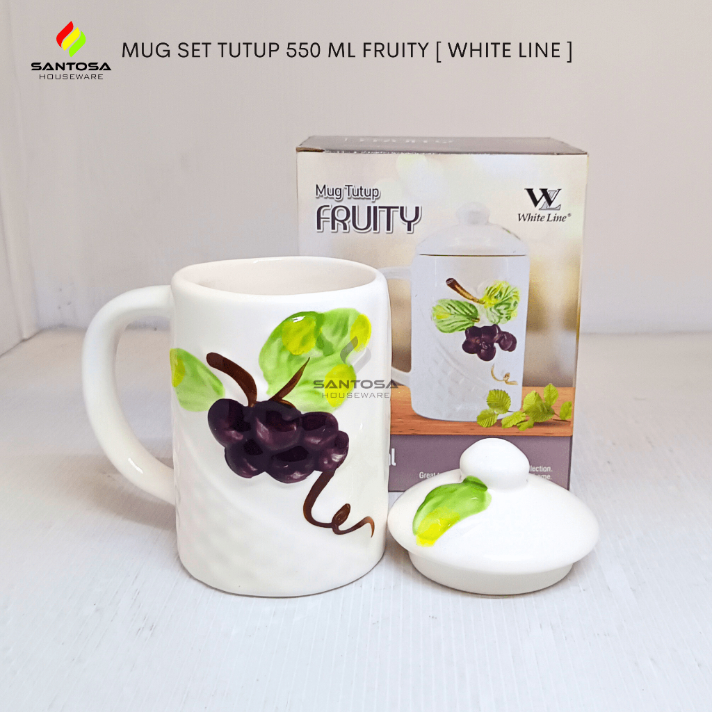 Gelas Mug Set Tutup 550 ml Fruity [ White Line ]