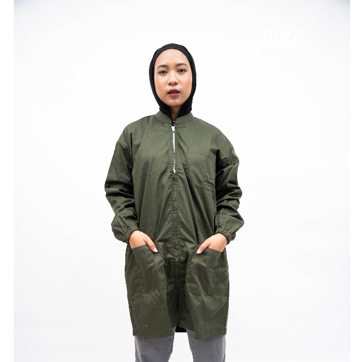 Jas Lab Hijau Army New Color / Jas Laboratorium Lengan Panjang Dengan Kerut Karet & Resleting – Prem