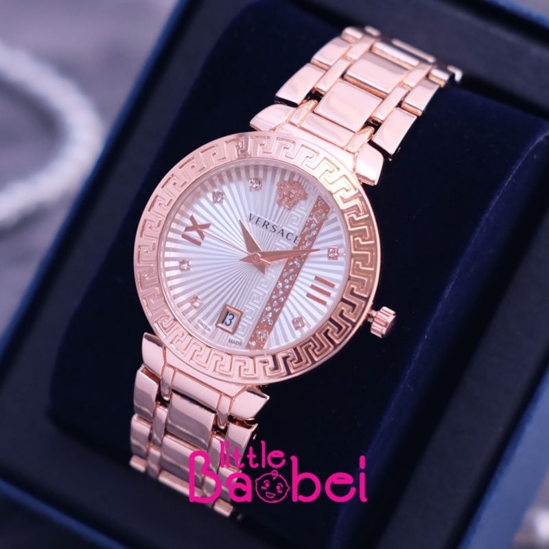 Jam Tangan Wanita Fashion Jam Tali Rantai Versace Tanggal Aktif - Warna Rosegold