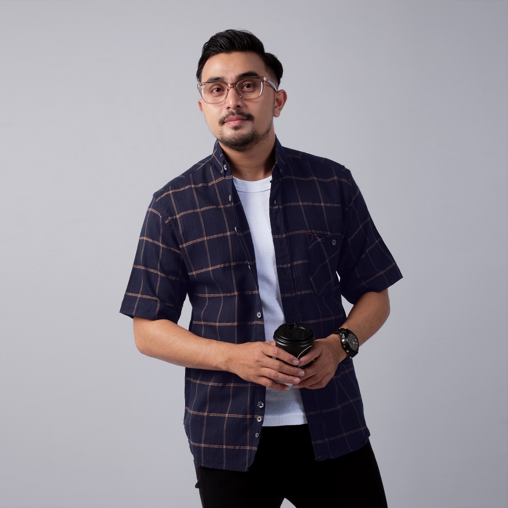 DGM Kemeja Pria Flanel Pendek Premium Biru Dongker List Coklat 2209