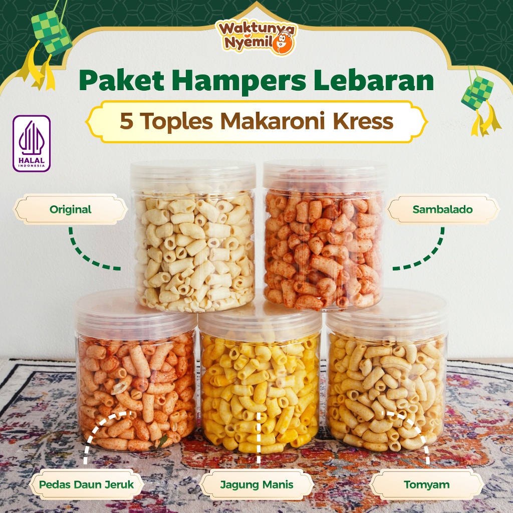 

PAKET HAMPERS ISI 5 TOPLES MAKARONI KRESS 5 VARIAN RASA ORIGINAL, PEDAS DAUN JERUK, JAGUNG MANIS, SAMBALADO, TOMYAM CEMILAN FOOD HALAL