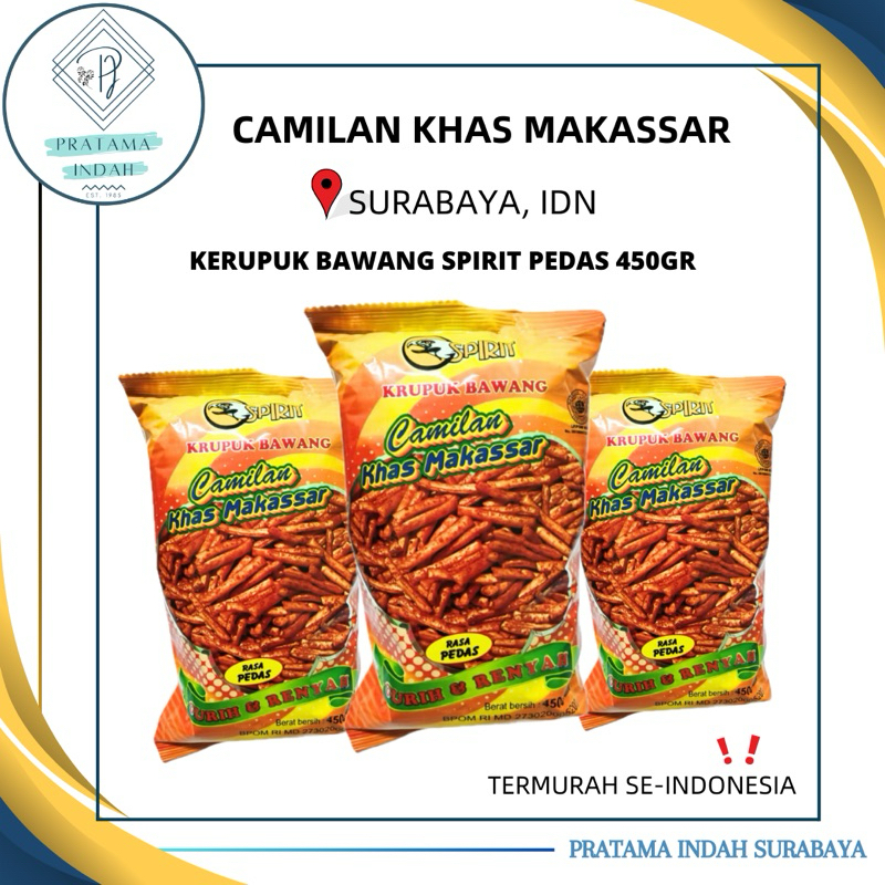 

KERUPUK BAWANG PEDAS 450 GRAM MERK SPIRIT OLEH-OLEH KHAS MAKASSAR (HARGA GROSIR) TERMURAH!!