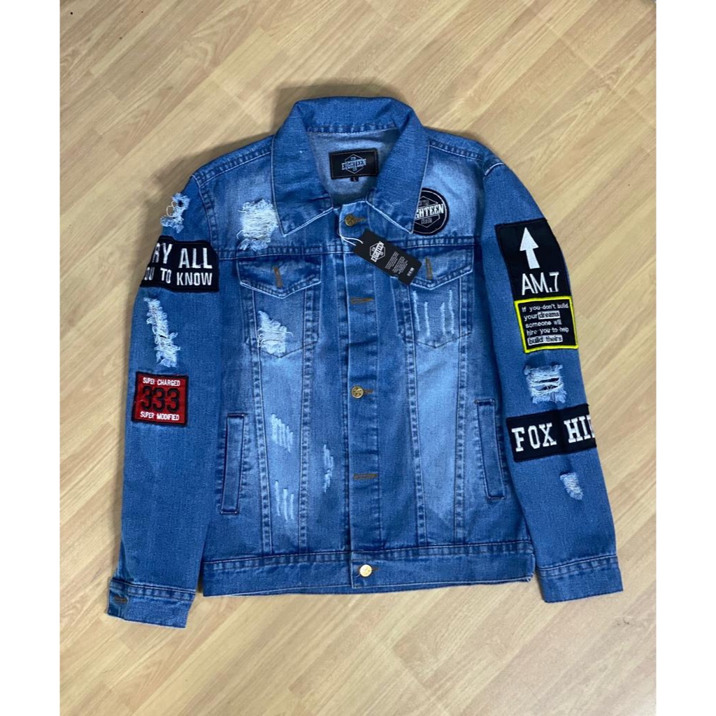 EIGHTEEN- jaket jeans denim pria motif sobek logo full bordir casual distro unisex