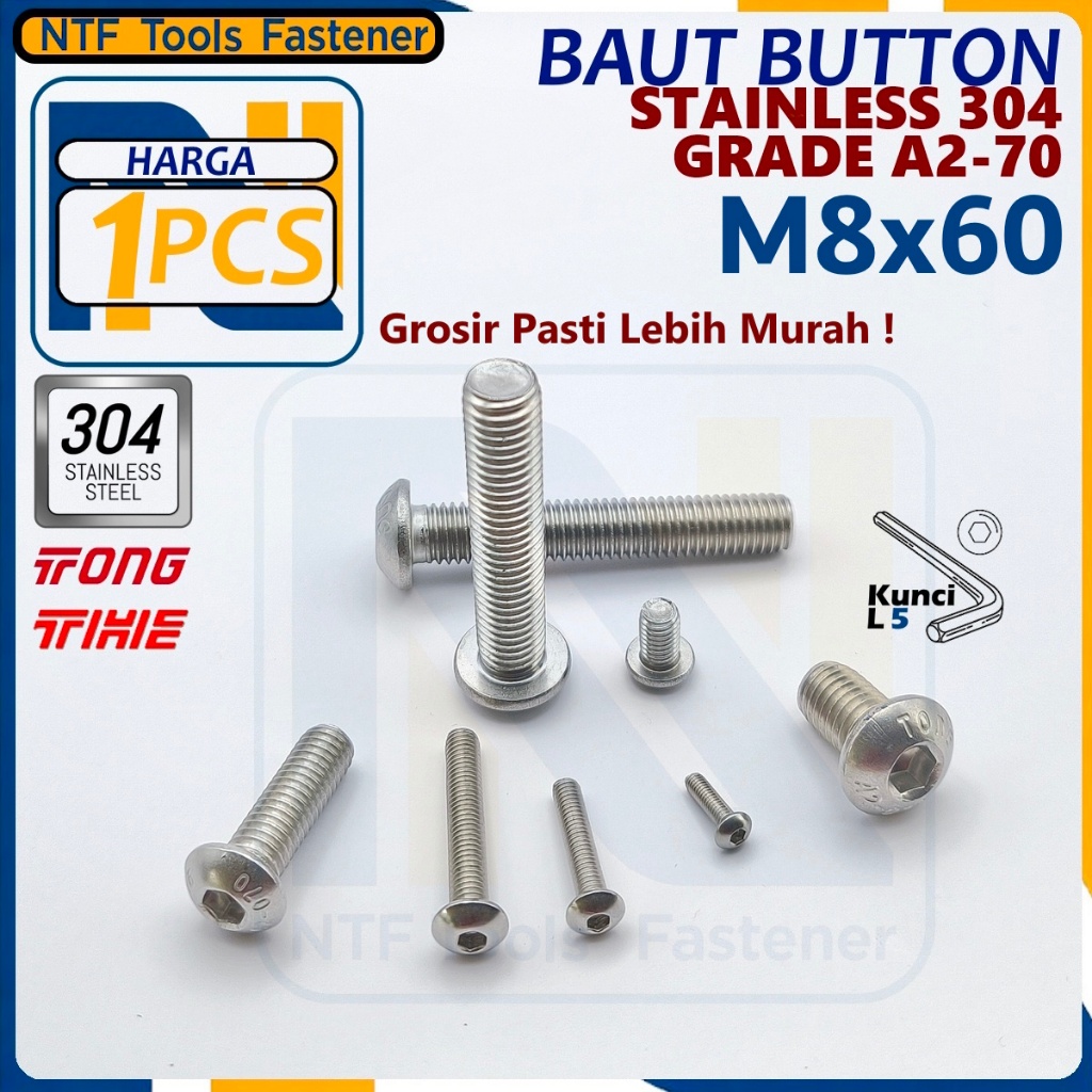 Baut Button Kunci L M8x60 STAINLESS STEEL 304 Tahan Karat M8