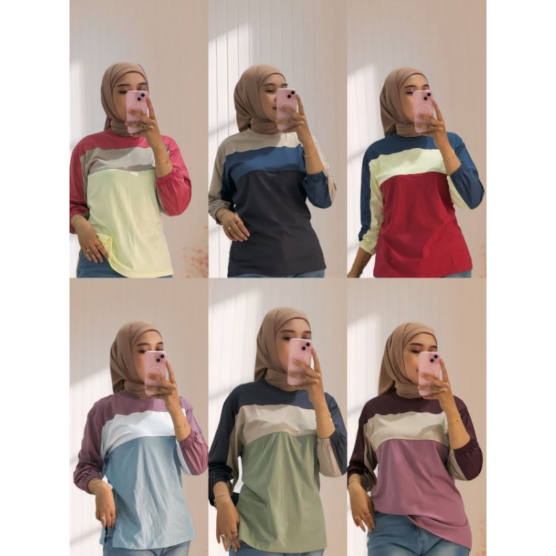 Kaos Wanita Lengan Panjang Kerut Kombinasi 3 warna Kaos Kombinasi wanita Tshirt wanita kekinian kaos