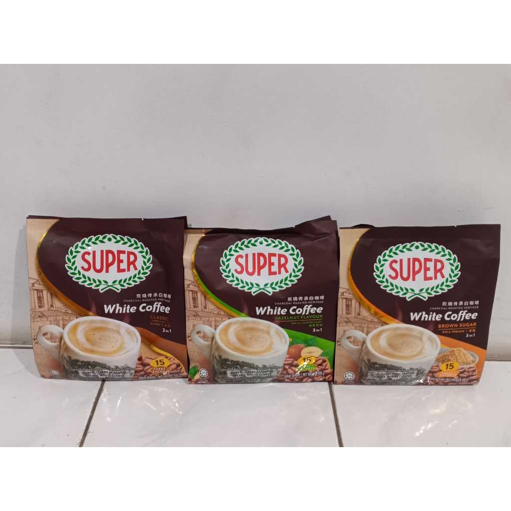 

Super White Coffee Charcoal Roasted Heritage Brown Sugar Classic Creamer Hazelnut Malaysia ORI