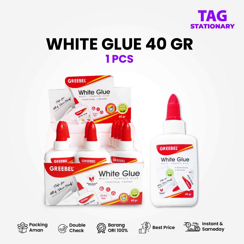 

GREEBEL Lem Cair / White Glue 40 Gram (PCS) / Lem Kertas / Lem Putih / Timur Agung Grosir