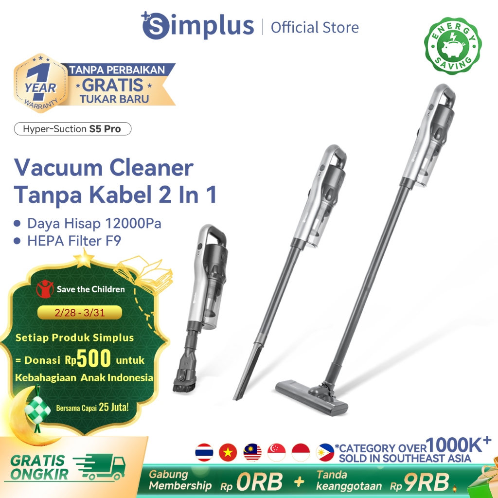 Simplus Vacuum Cleaner Cordless Penghisap Debu 12000Pa Tanpa kabel untuk Mobil Rumah 2in1